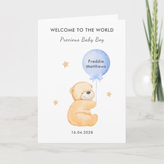 Cute Balloon Bear Welcome Baby Boy Card カード (正面)