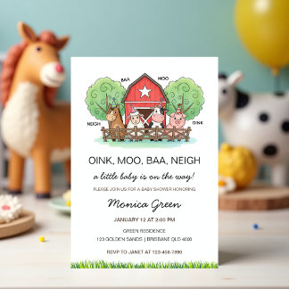 Cute Barnyard Farm Animal Baby Shower  招待状