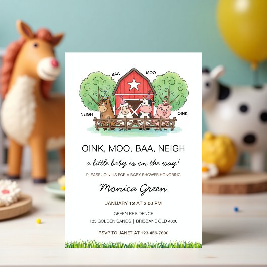 Cute Barnyard Farm Animal Baby Shower  招待状