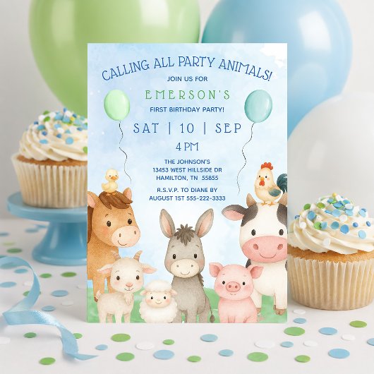 Cute Barnyard Party Animals First Birthday Party 招待状