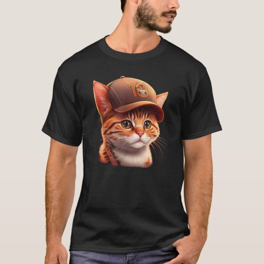 Cute Baseball Cap Wearing Cat Tシャツ (正面)