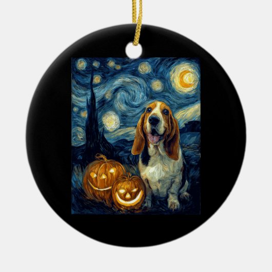 Cute Basset Hound Dog Halloween Jack O Lantern Pum セラミックオーナメント (正面)