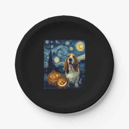 Cute Basset Hound Dog Halloween Jack O Lantern Pum ペーパープレート (正面)