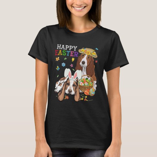 Cute Basset Hound Dogs Easter Egg Basket Happy Eas Tシャツ (正面)