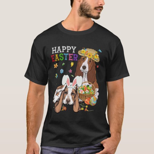 Cute Basset Hound Dogs Easter Egg Basket Happy Eas Tシャツ (正面)