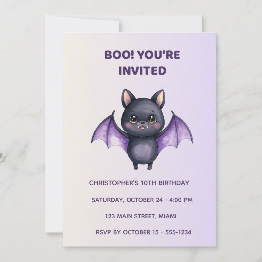Cute Bat Halloween Birthday Invitation | Kids 招待状 (正面)