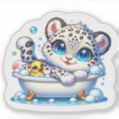 Cute Bath Taking Anime Kawai Snow Leopard Stickers シール (正面)