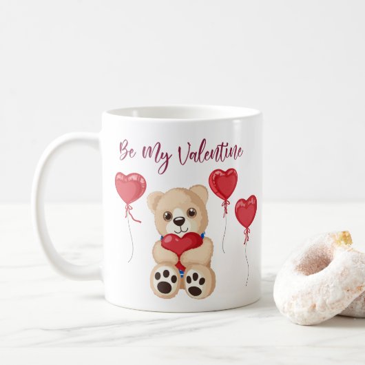 Cute Be My Valentine Teddy Bear with Heart Balloon コーヒーマグカップ (ドーナツ)