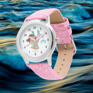 cute beach mermaid lovers add name girl kids  腕時計