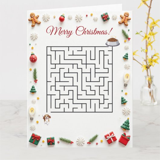 Cute Beagle Dog Christmas Maze Puzzle Holiday カード (黄色い花)