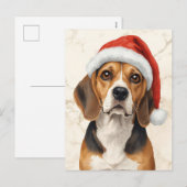 Cute Beagle in Santa Hat Watercolor シーズンポストカード (正面/裏面)