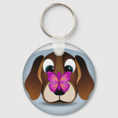 Cute Beagle Puppy Dog and Butterfly Round Keychain キーホルダー (正面)
