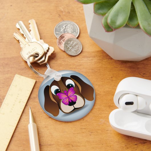 Cute Beagle Puppy Dog and Butterfly Round Keychain キーホルダー (デスク)