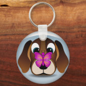 Cute Beagle Puppy Dog and Butterfly Round Keychain キーホルダー (正面)