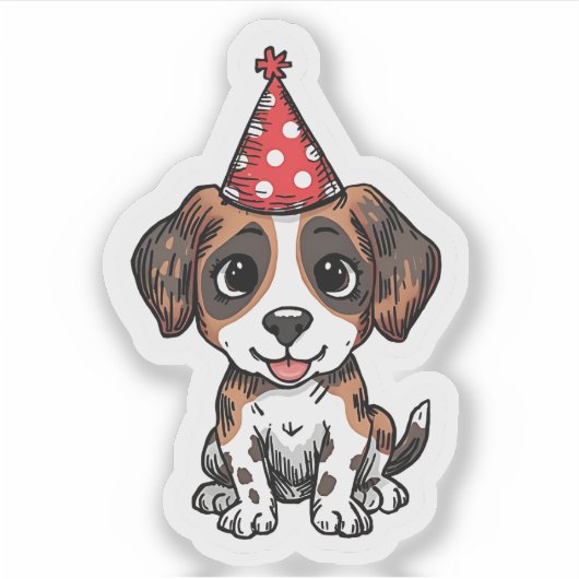 Cute Beagle Puppy in Party Hat Birthday Sticker シール (正面)