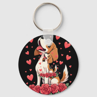 Cute Beagle with Red Roses Hearts Floral Valentine キーホルダー