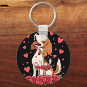 Cute Beagle with Red Roses Hearts Floral Valentine キーホルダー (正面)