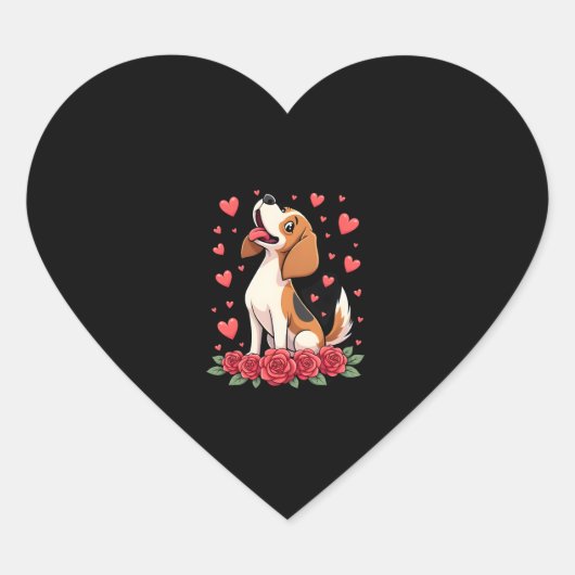 Cute Beagle with Red Roses Hearts Floral Valentine ハートシール (正面)
