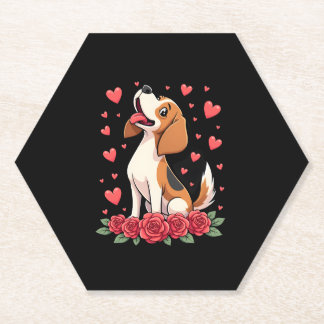 Cute Beagle with Red Roses Hearts Floral Valentine ペーパーコースター