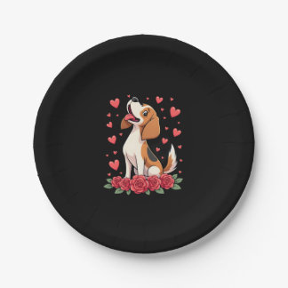 Cute Beagle with Red Roses Hearts Floral Valentine ペーパープレート