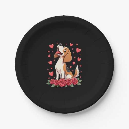 Cute Beagle with Red Roses Hearts Floral Valentine ペーパープレート (正面)