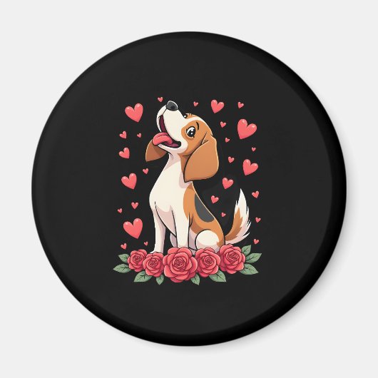 Cute Beagle with Red Roses Hearts Floral Valentine マグネット (正面)