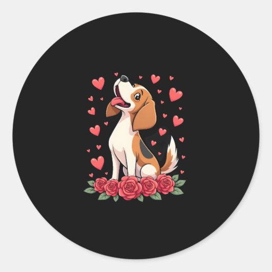 Cute Beagle with Red Roses Hearts Floral Valentine ラウンドシール (正面)
