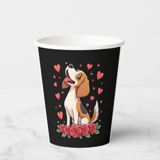 Cute Beagle with Red Roses Hearts Floral Valentine 紙コップ (正面)