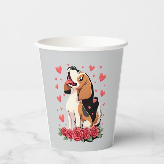 Cute Beagle with Red Roses Hearts Floral Valentine 紙コップ (正面)
