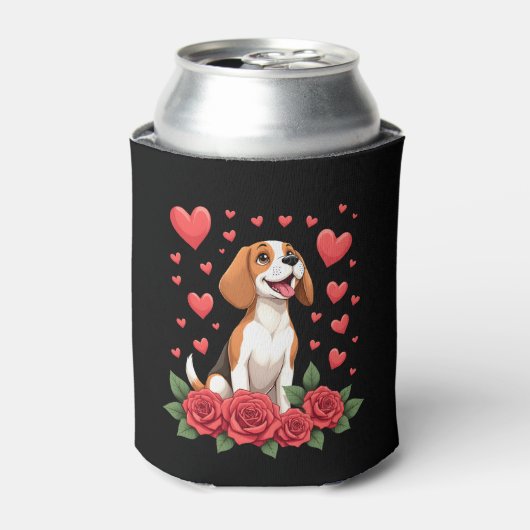 Cute Beagle with Red Roses Hearts Floral Valentine 缶クーラー (缶正面)