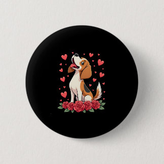Cute Beagle with Red Roses Hearts Floral Valentine 缶バッジ