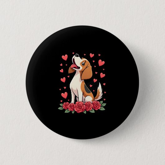 Cute Beagle with Red Roses Hearts Floral Valentine 缶バッジ (正面)