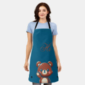 Cute Bear Apron–Teal Blue Teddy Bear Kitchen Apron エプロン (着用した状態)