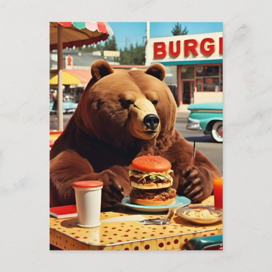 Cute Bear at the Diner With a Cheeseburger Feast ポストカード (正面)
