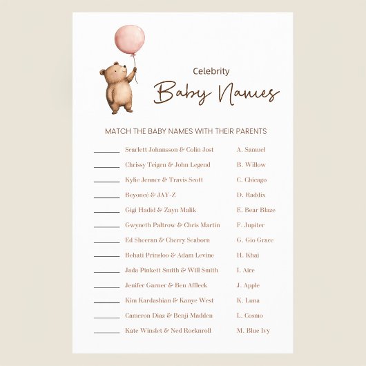 Cute Bear Balloon Baby Shower Celebrity Names Game チラシ