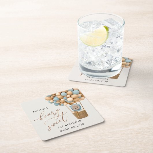 Cute Bear, Blue Balloons, First Birthday スクエアペーパーコースター (インサイチュ)