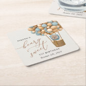 Cute Bear, Blue Balloons, First Birthday スクエアペーパーコースター (アングル)