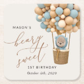 Cute Bear, Blue Balloons, First Birthday スクエアペーパーコースター (正面)