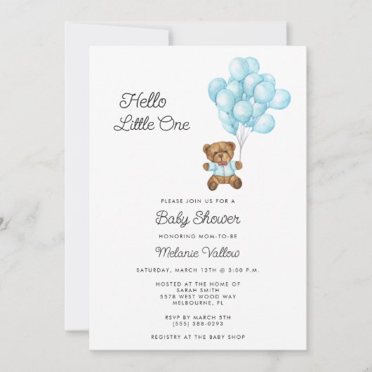 Cute Bear Boy Blue Baby Shower Invite 招待状 (正面)