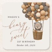 Cute Bear, Brown Balloons, First Birthday スクエアペーパーコースター (正面)