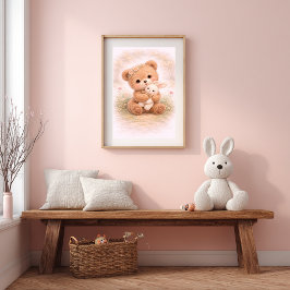 Cute Bear & Bunny Neutral Nursery Kids Room ポスター