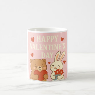 Cute Bear & Bunny Valentine's Day Mug – Pink Heart コーヒーマグカップ