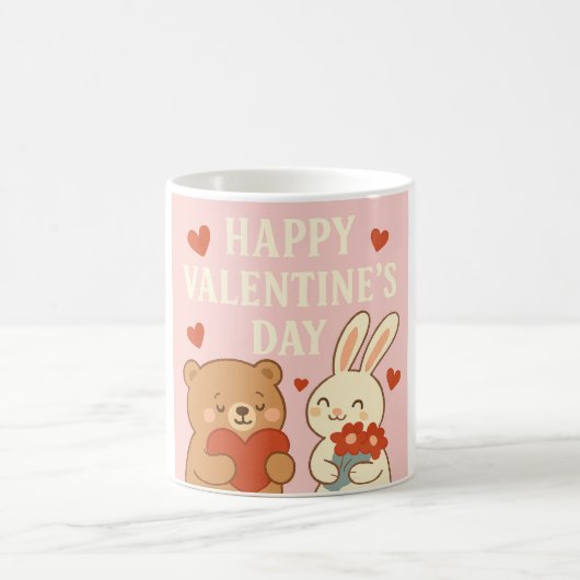 Cute Bear & Bunny Valentine's Day Mug – Pink Heart コーヒーマグカップ (中央)