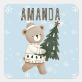 Cute Bear Christmas Tree Snowflakes Kids Name  スクエアシール (正面)