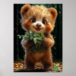 Cute Bear Cub with Greenery ポスター