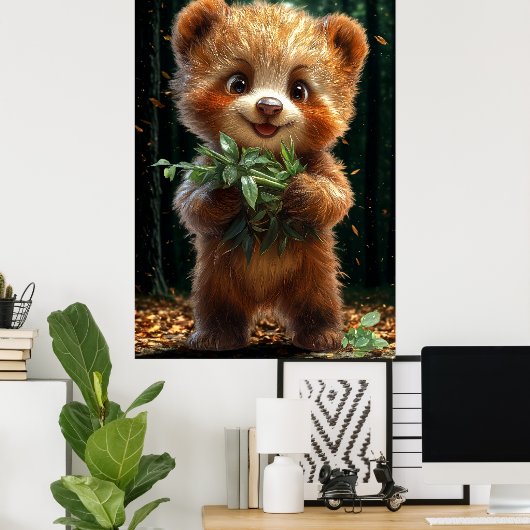 Cute Bear Cub with Greenery ポスター (ホームオフィス)