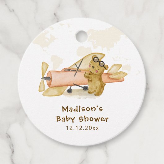 Cute Bear Explorer World Map Airplane Baby Shower フェイバータグ (正面)