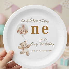 Cute Bear First Birthday Photo Party Paper Plates ペーパープレート