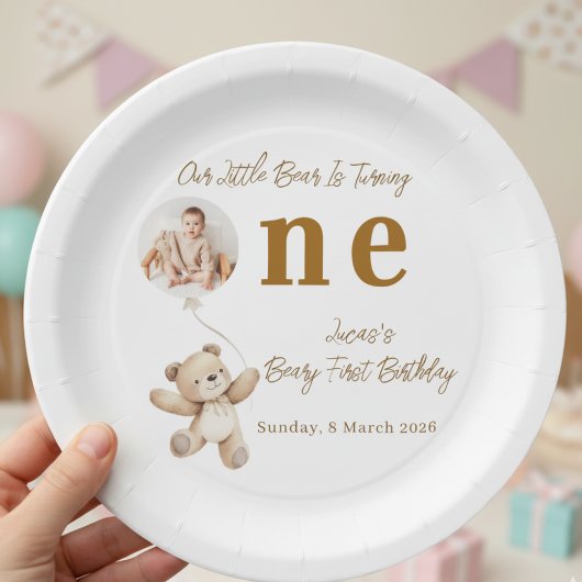 Cute Bear First Birthday Photo Party Paper Plates ペーパープレート