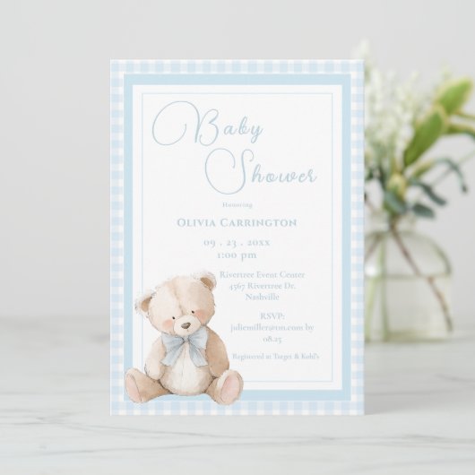 Cute Bear Gingham Vintage Baby Shower 招待状 (スタンド正面)